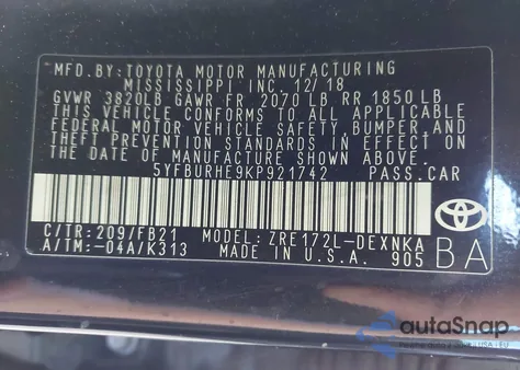 2019 Toyota Corolla Le from USA, damaged, VIN 5YFBURHE9KP921742